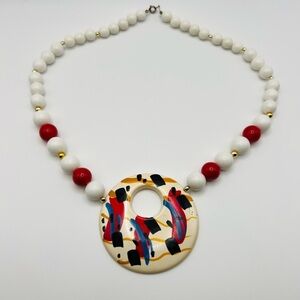 Vintage Abstract Statement Necklace Red White Beads Large Pendant